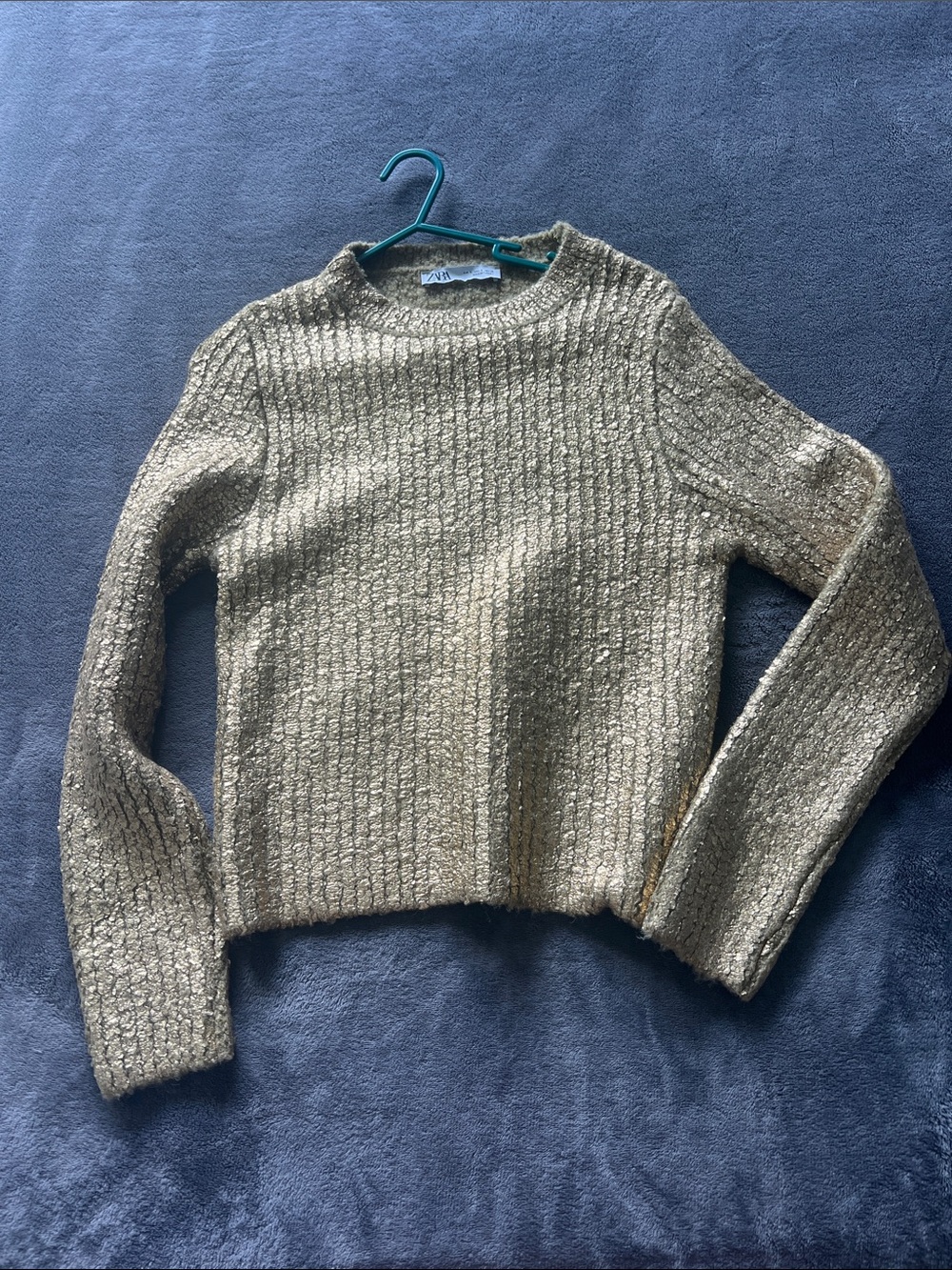 Zara Metallic Gold Ribbed Crewneck Sweater